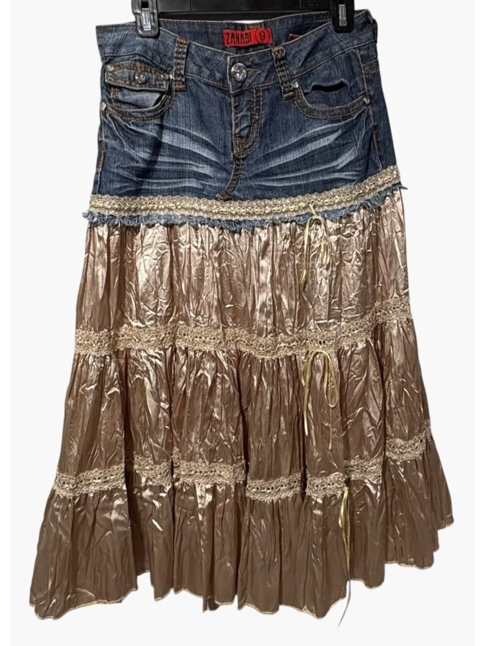 Y2K Upcycled Zanadi Denim Skirt Satin Lacy Tiered Midi Maxi Boho Hippie Sz 9